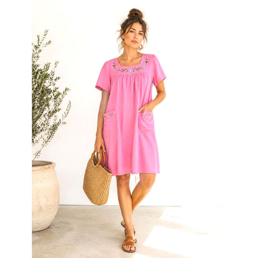 Vintage Blair Pink Embroidered Cotton Dress XL XLG Cottagecore Floral Pockets